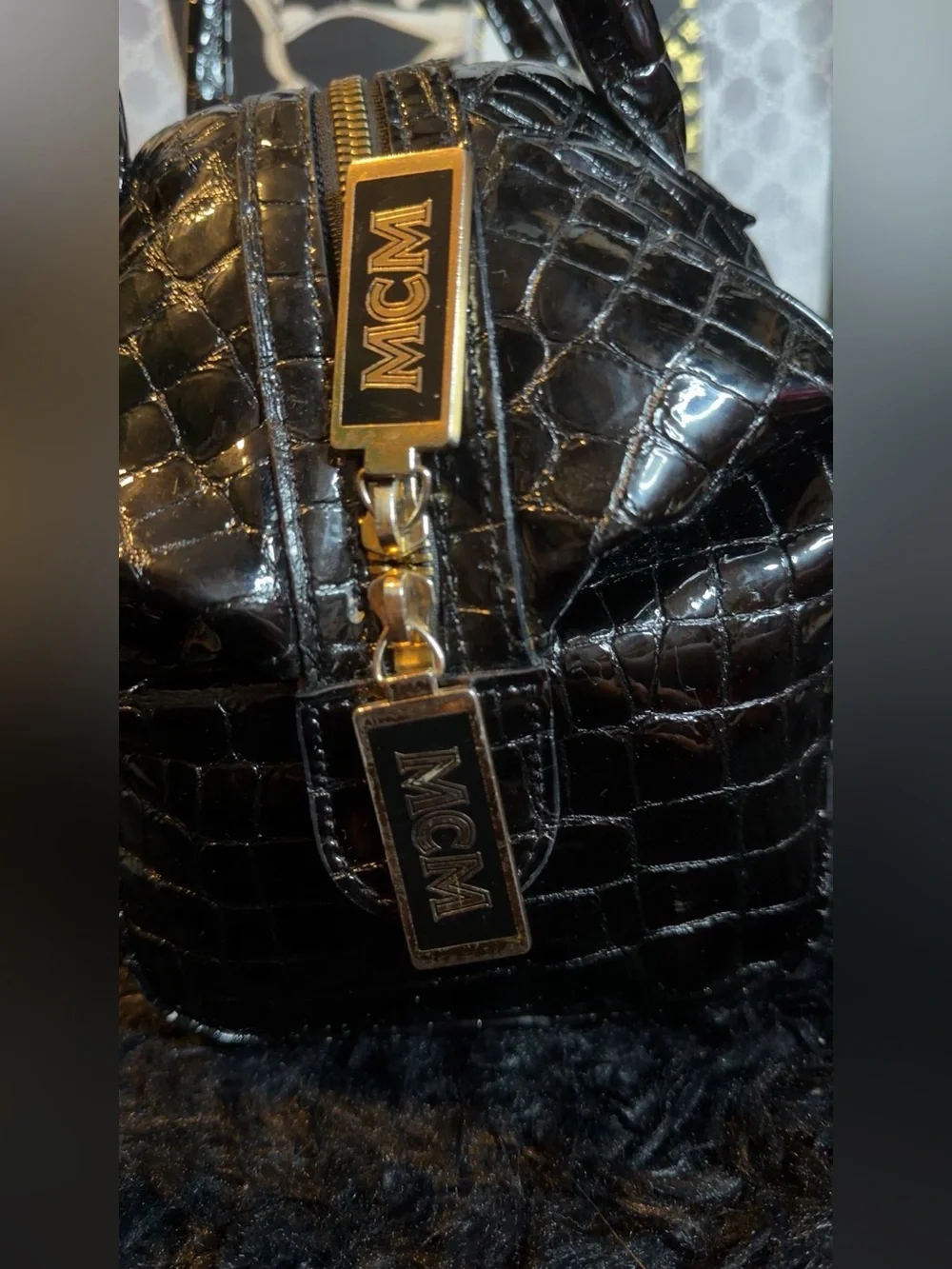 MCM Black Croc-Embossed Leather Satchel with Gold Logo Plaque